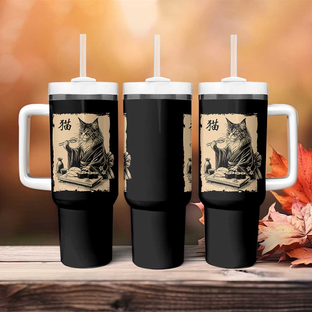 Vintage Japanese Cat Eating Sushi Tumbler With Handle Funny Maine Coon Kimono Gift