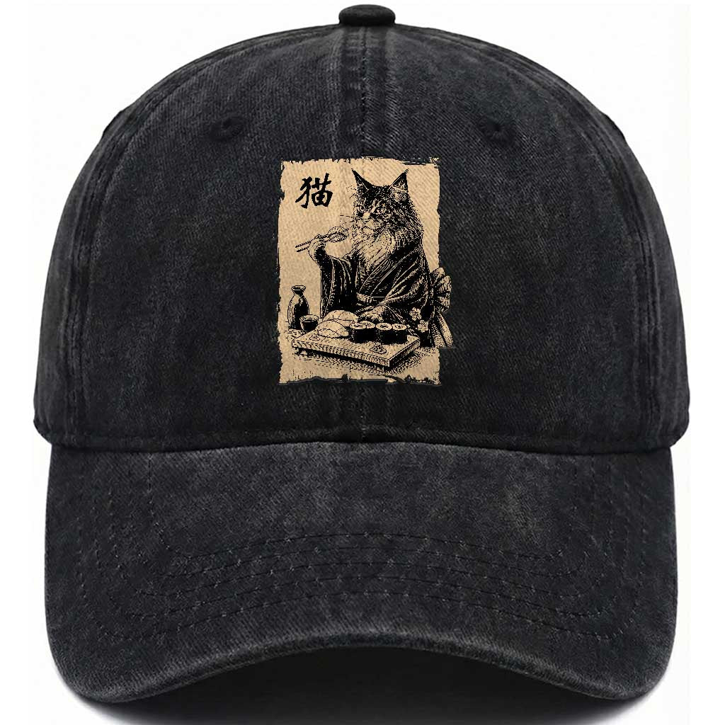 Vintage Japanese Cat Eating Sushi Washed Cotton Baseball Cap Funny Maine Coon Kimono Gift