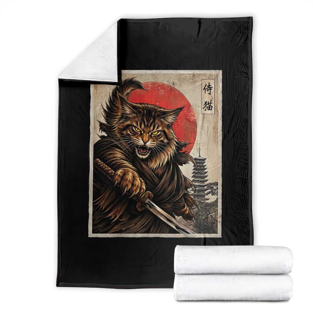 Japanese Maine Coon Samurai Warrior Throw Blanket Vintage Ukiyoe Cat