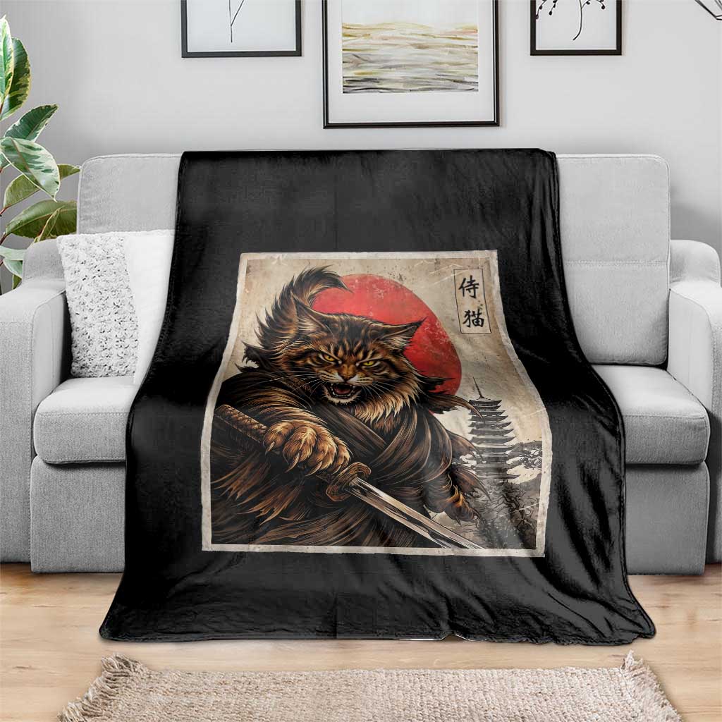 Japanese Maine Coon Samurai Warrior Throw Blanket Vintage Ukiyoe Cat