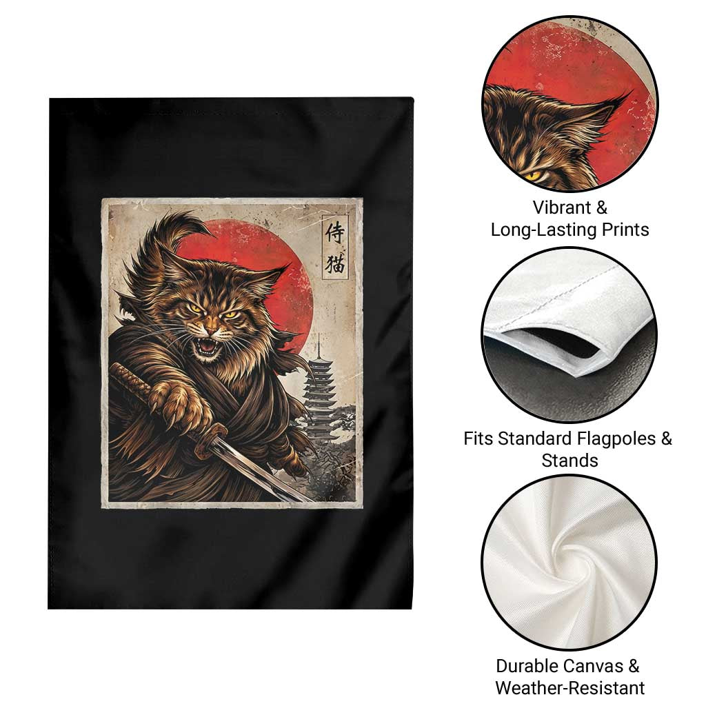 Japanese Maine Coon Samurai Warrior Garden Flag Vintage Ukiyoe Cat