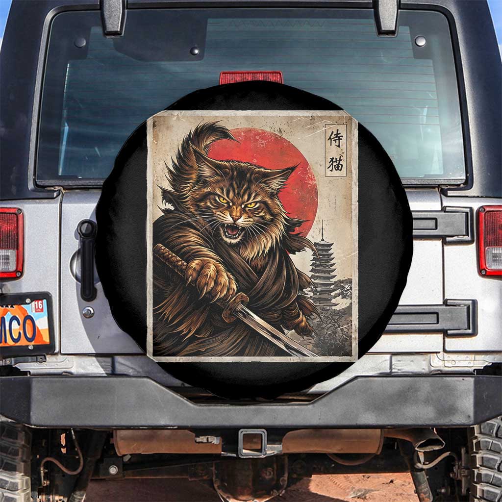 Japanese Maine Coon Samurai Warrior Spare Tire Cover Vintage Ukiyoe Cat