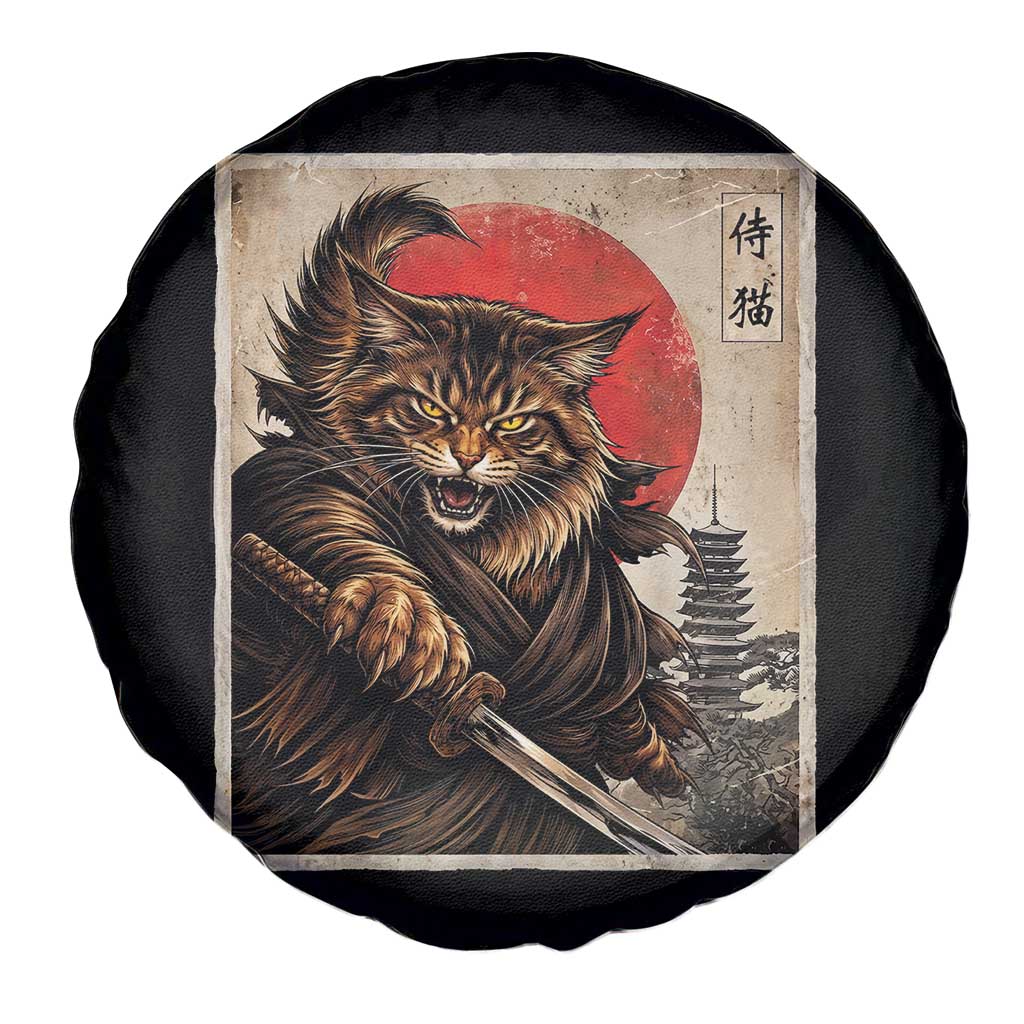 Japanese Maine Coon Samurai Warrior Spare Tire Cover Vintage Ukiyoe Cat