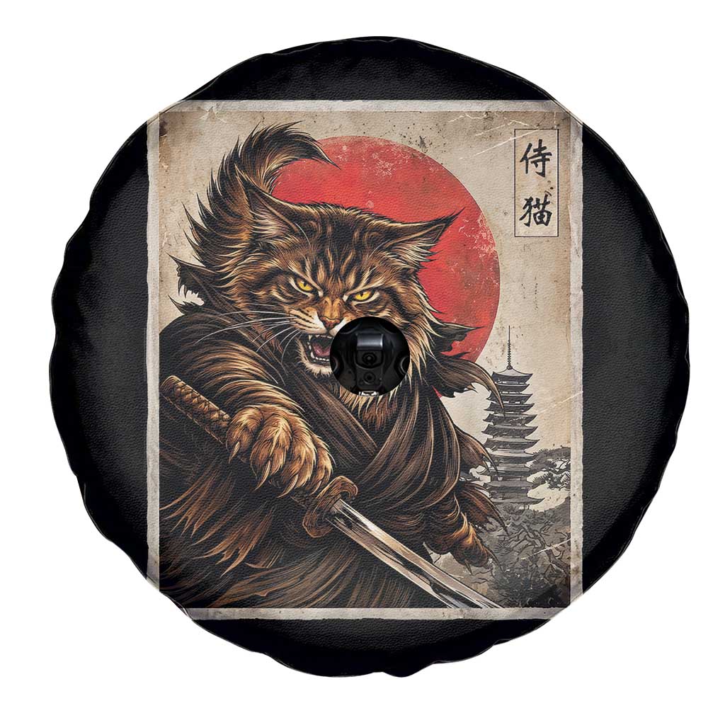 Japanese Maine Coon Samurai Warrior Spare Tire Cover Vintage Ukiyoe Cat