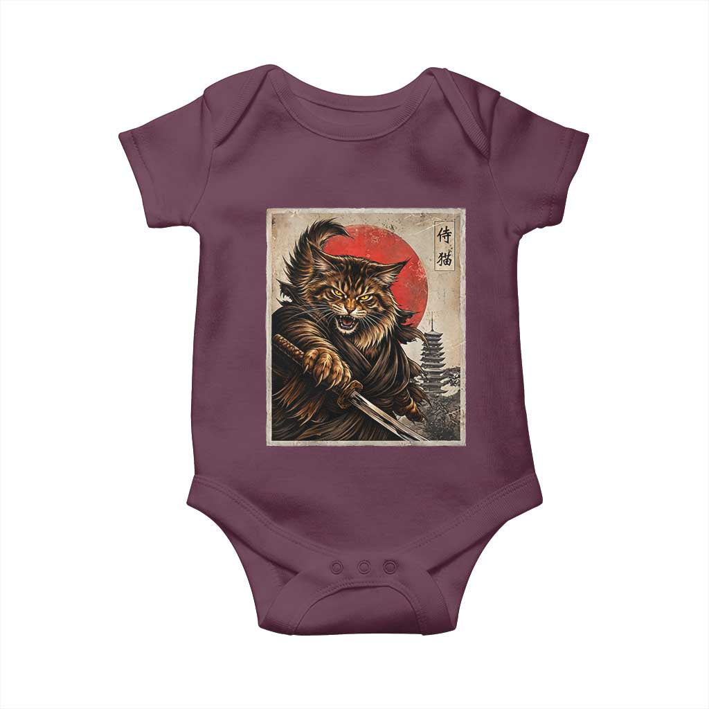 Japanese Maine Coon Samurai Warrior Baby Onesie Vintage Ukiyoe Cat