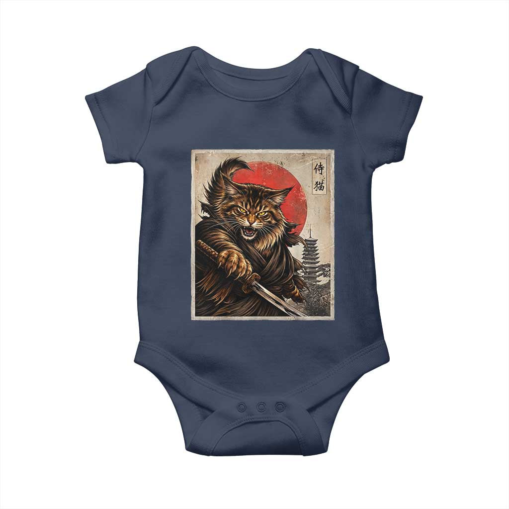 Japanese Maine Coon Samurai Warrior Baby Onesie Vintage Ukiyoe Cat