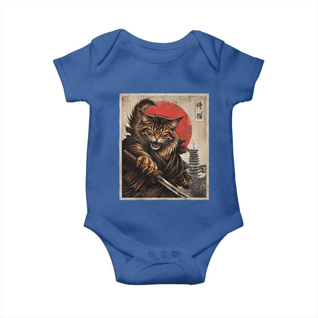 Japanese Maine Coon Samurai Warrior Baby Onesie Vintage Ukiyoe Cat