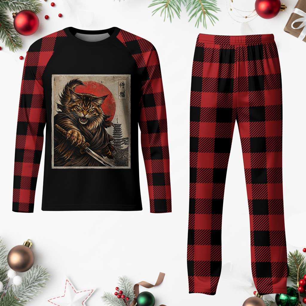 Japanese Maine Coon Samurai Warrior Plaid Pajama Set Vintage Ukiyoe Cat