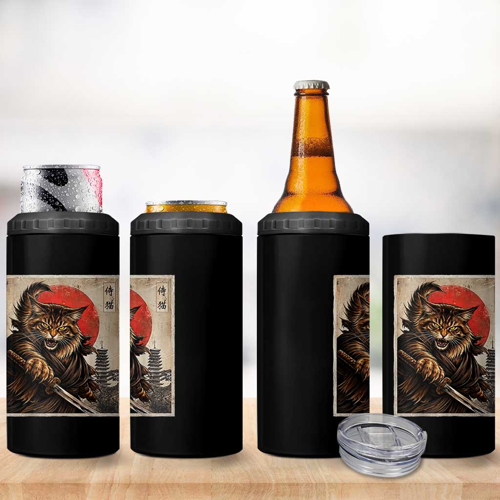 Japanese Maine Coon Samurai Warrior 4 in 1 Can Cooler Tumbler Vintage Ukiyoe Cat