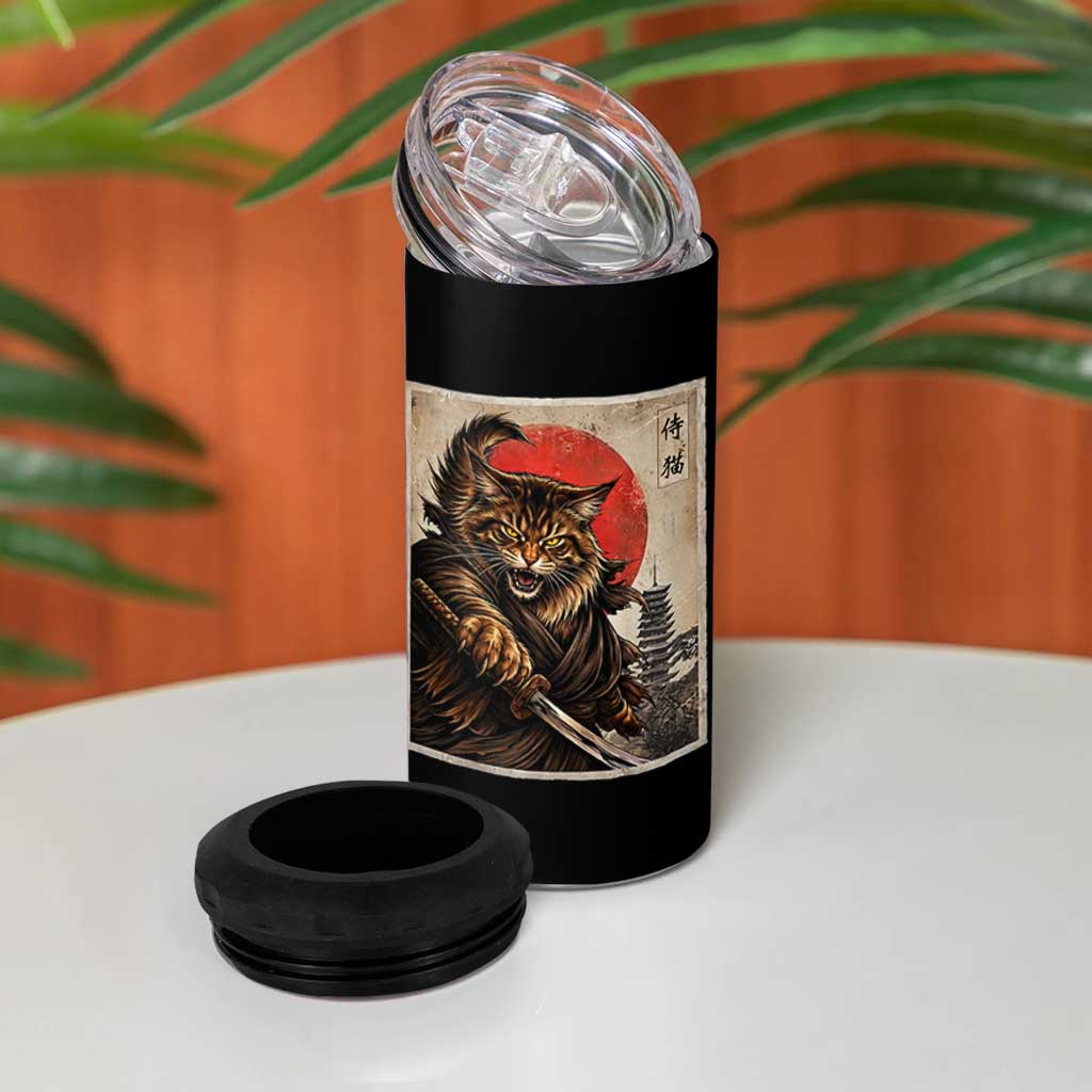 Japanese Maine Coon Samurai Warrior 4 in 1 Can Cooler Tumbler Vintage Ukiyoe Cat