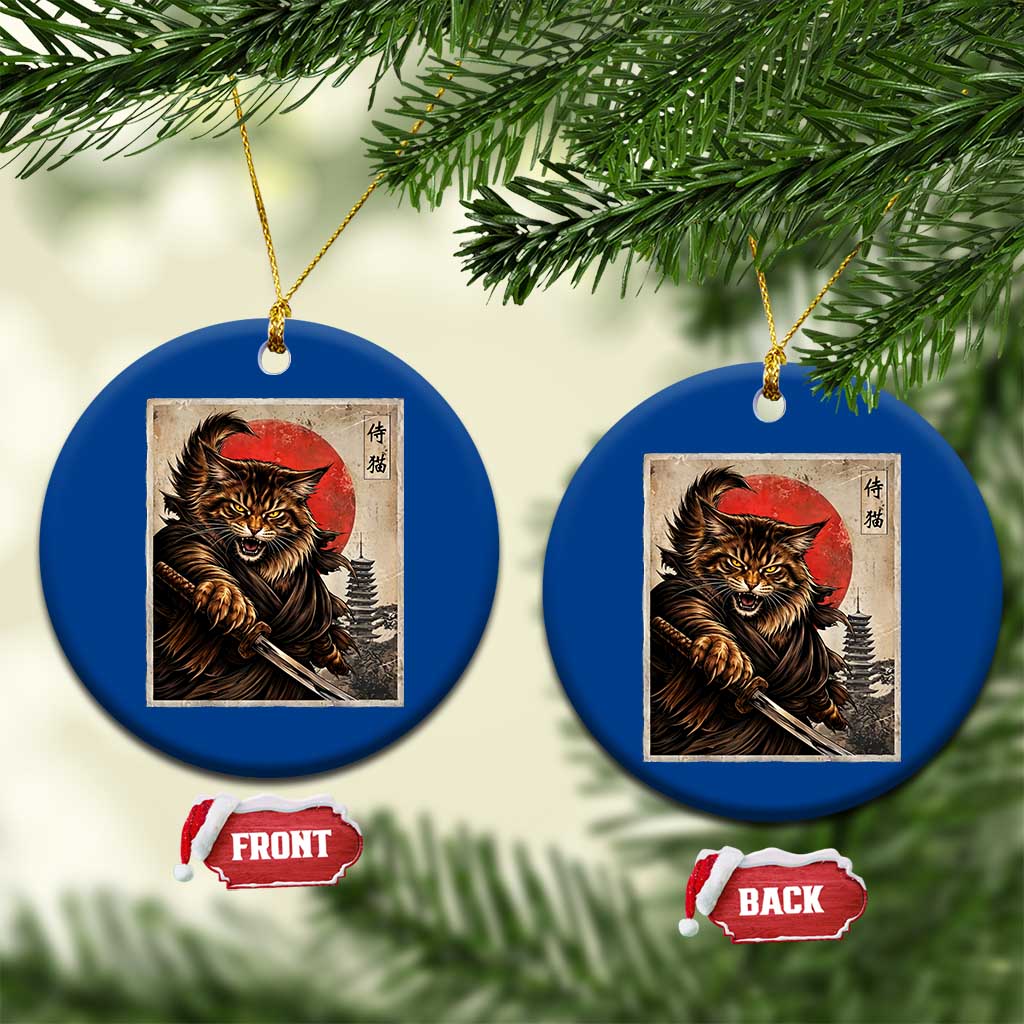 Japanese Maine Coon Samurai Warrior Ceramic Ornament Vintage Ukiyoe Cat