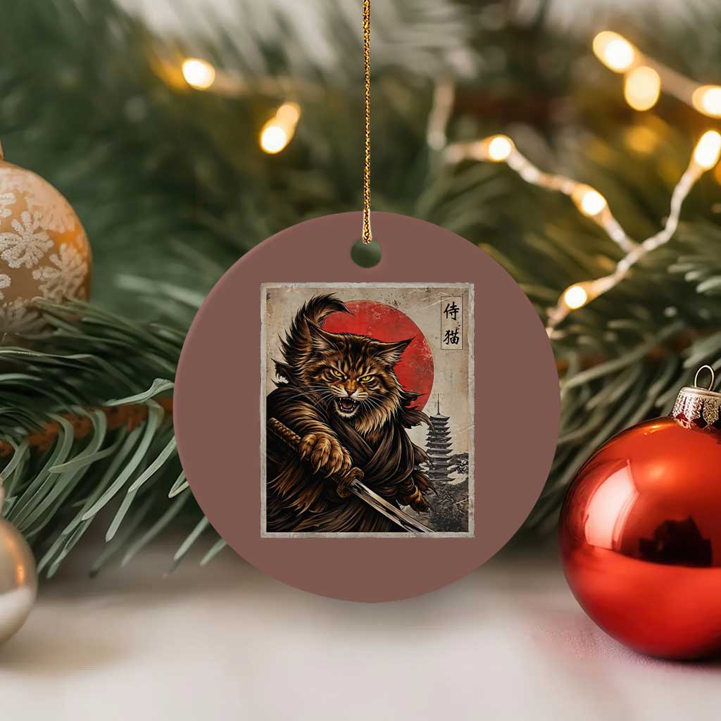 Japanese Maine Coon Samurai Warrior Ceramic Ornament Vintage Ukiyoe Cat