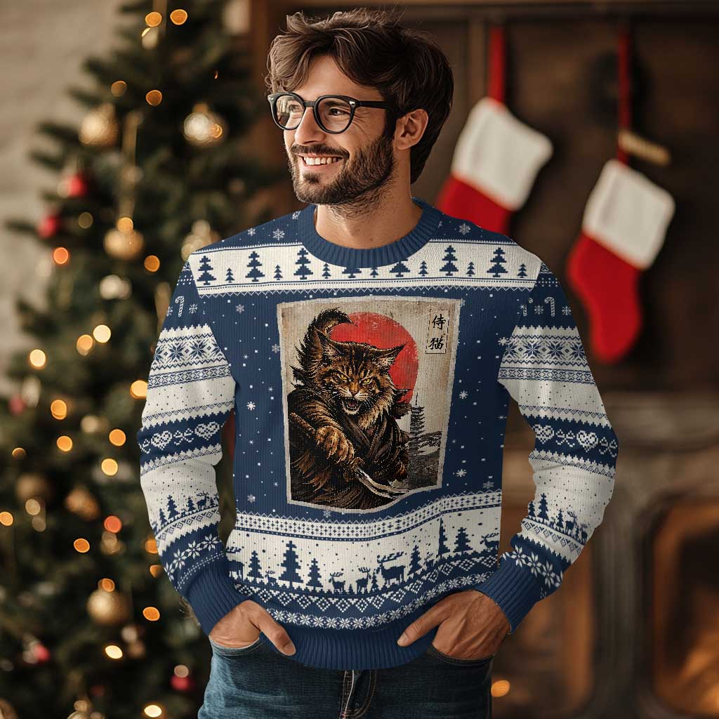 Japanese Maine Coon Samurai Warrior Ugly Christmas Sweater Vintage Ukiyoe Cat