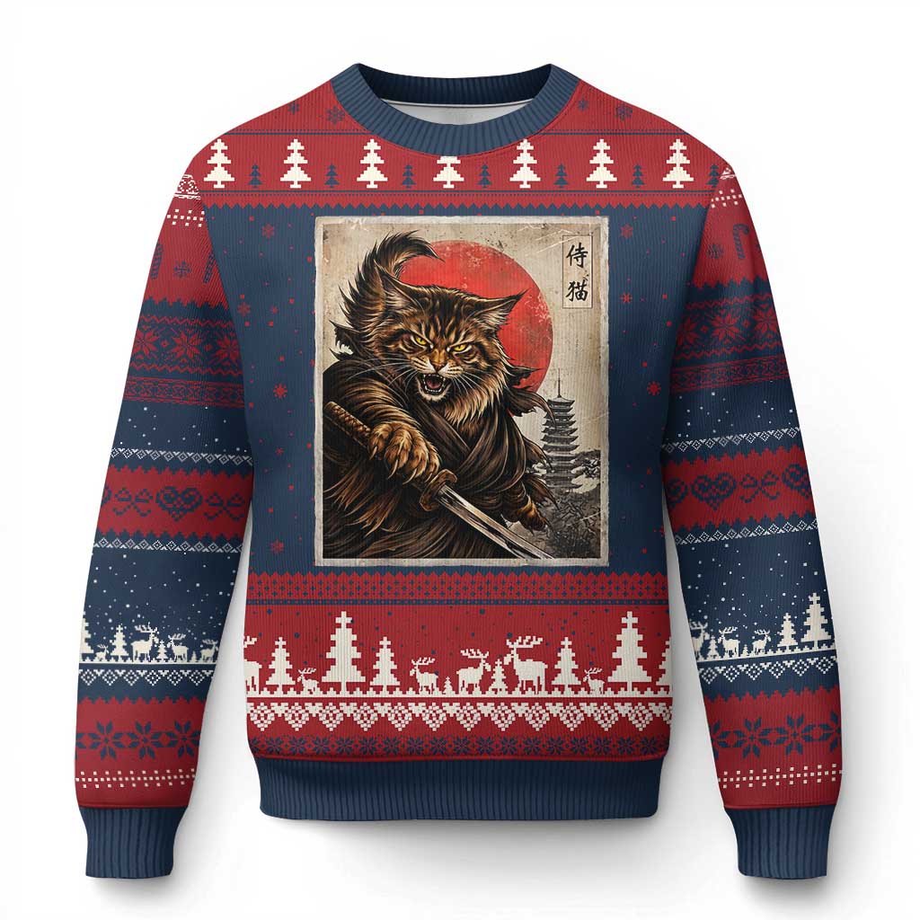Japanese Maine Coon Samurai Warrior Ugly Christmas Sweater Vintage Ukiyoe Cat