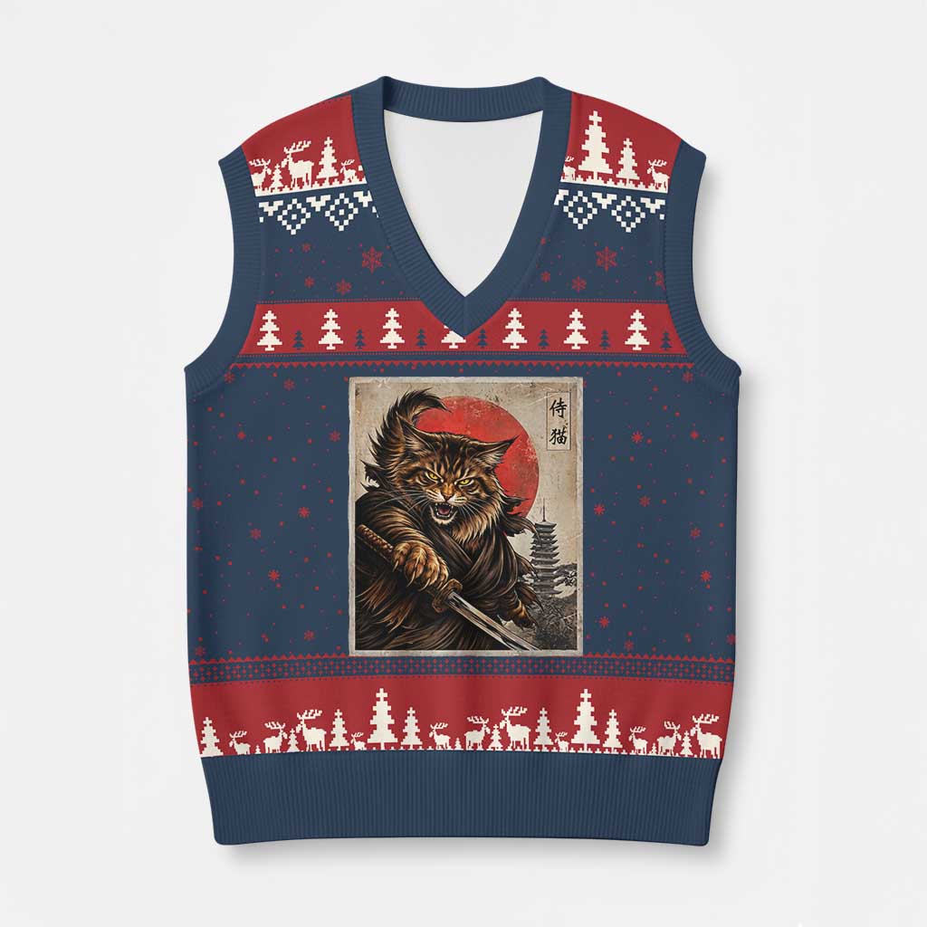 Japanese Maine Coon Samurai Warrior V-Neck Knit Sweater Vest Vintage Ukiyoe Cat