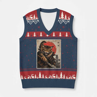 Japanese Maine Coon Samurai Warrior V-Neck Knit Sweater Vest Vintage Ukiyoe Cat