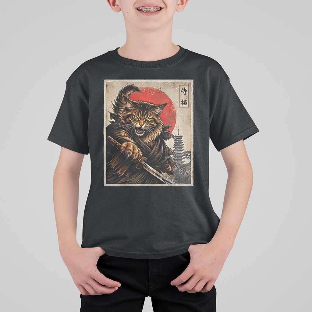 Japanese Maine Coon Samurai Warrior T Shirt For Kid Vintage Ukiyoe Cat