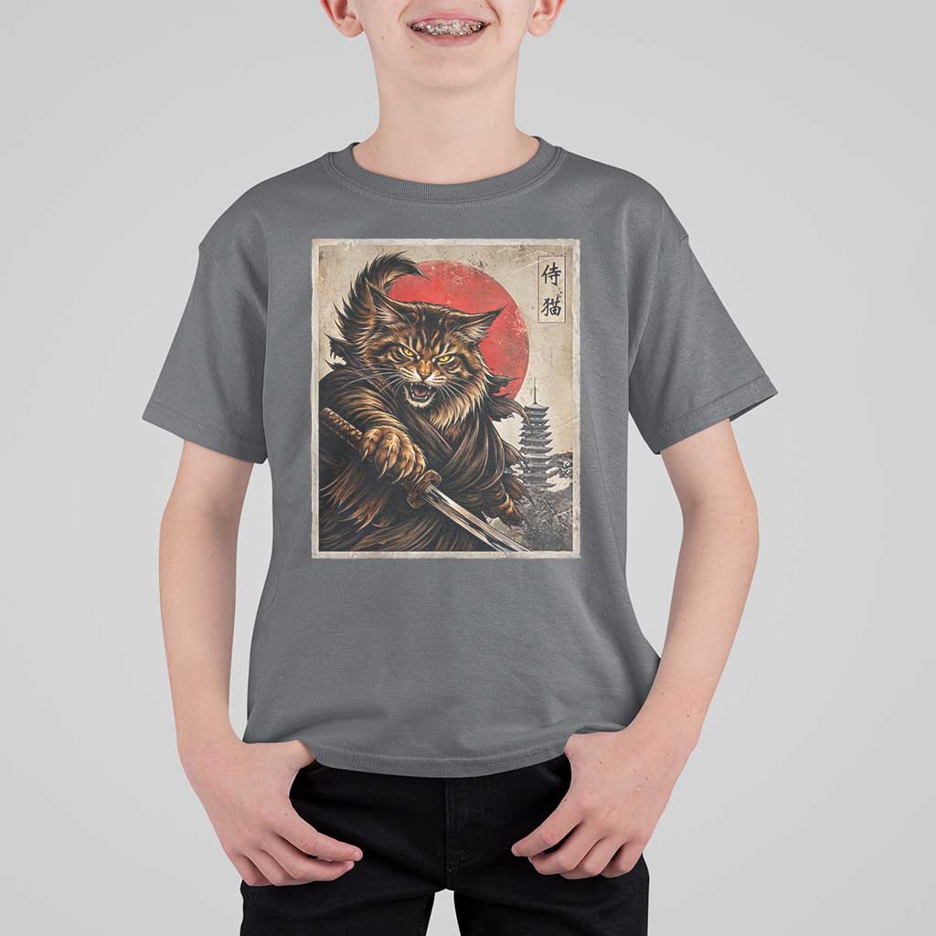 Japanese Maine Coon Samurai Warrior T Shirt For Kid Vintage Ukiyoe Cat