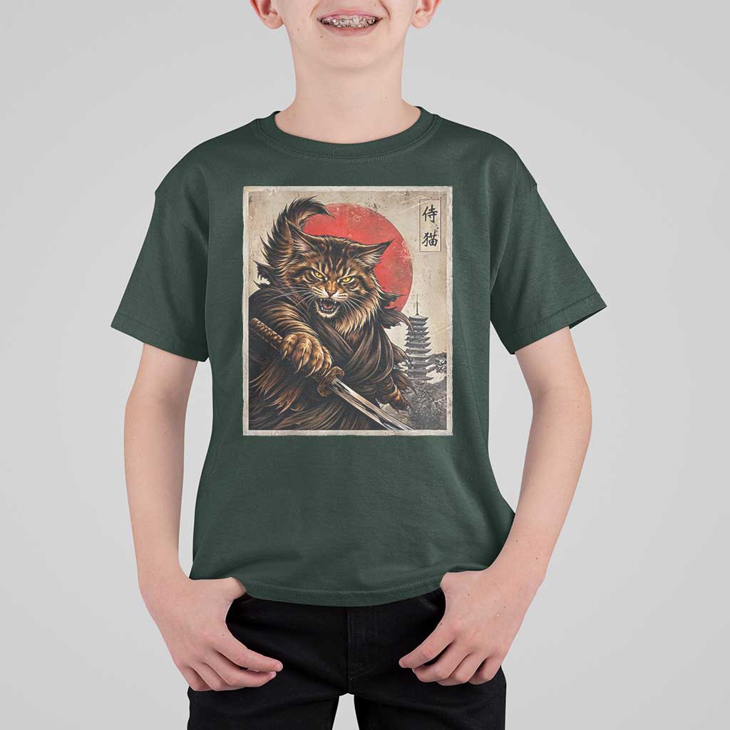 Japanese Maine Coon Samurai Warrior T Shirt For Kid Vintage Ukiyoe Cat