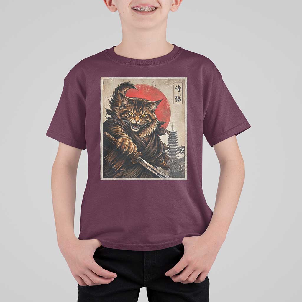 Japanese Maine Coon Samurai Warrior T Shirt For Kid Vintage Ukiyoe Cat
