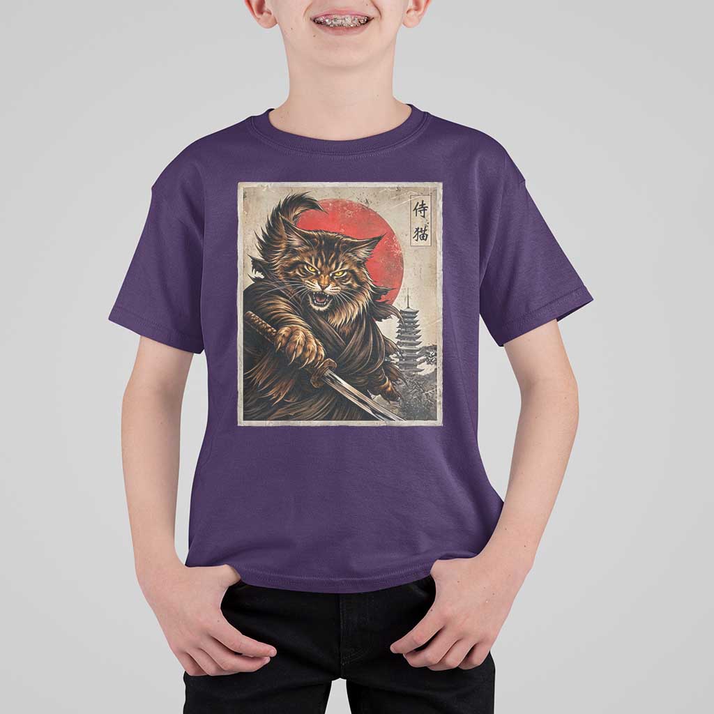 Japanese Maine Coon Samurai Warrior T Shirt For Kid Vintage Ukiyoe Cat