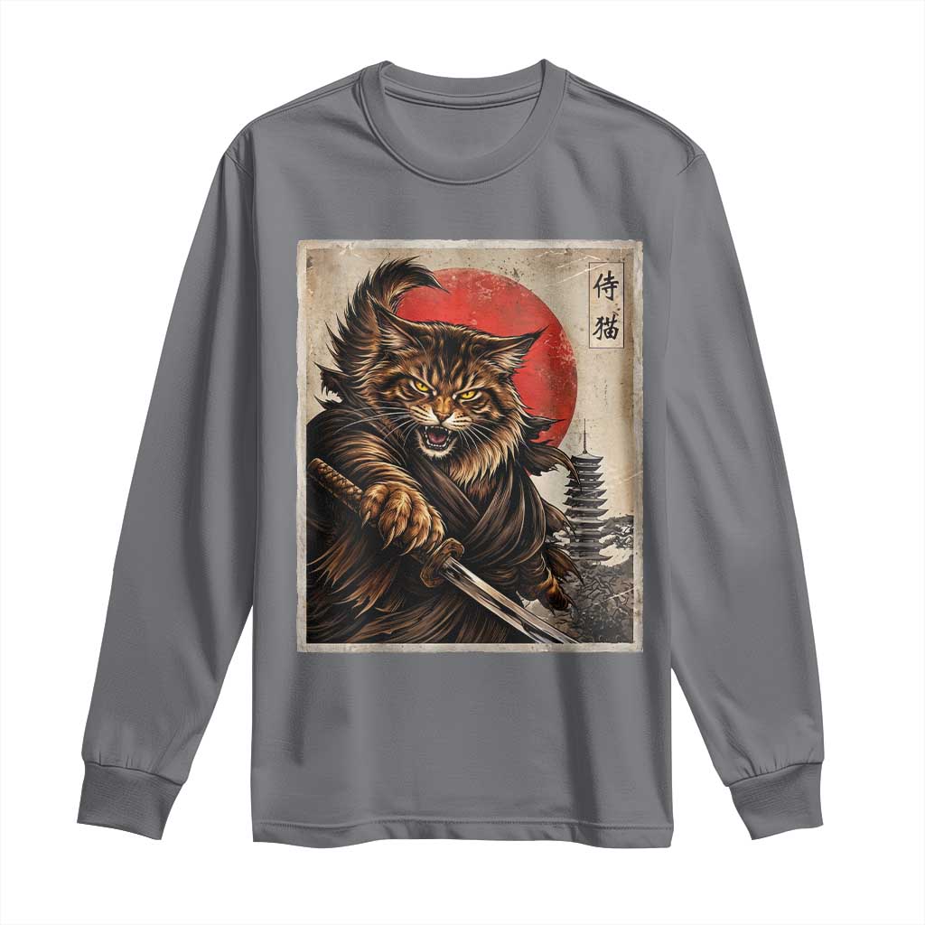Japanese Maine Coon Samurai Warrior Long Sleeve Shirt Vintage Ukiyoe Cat