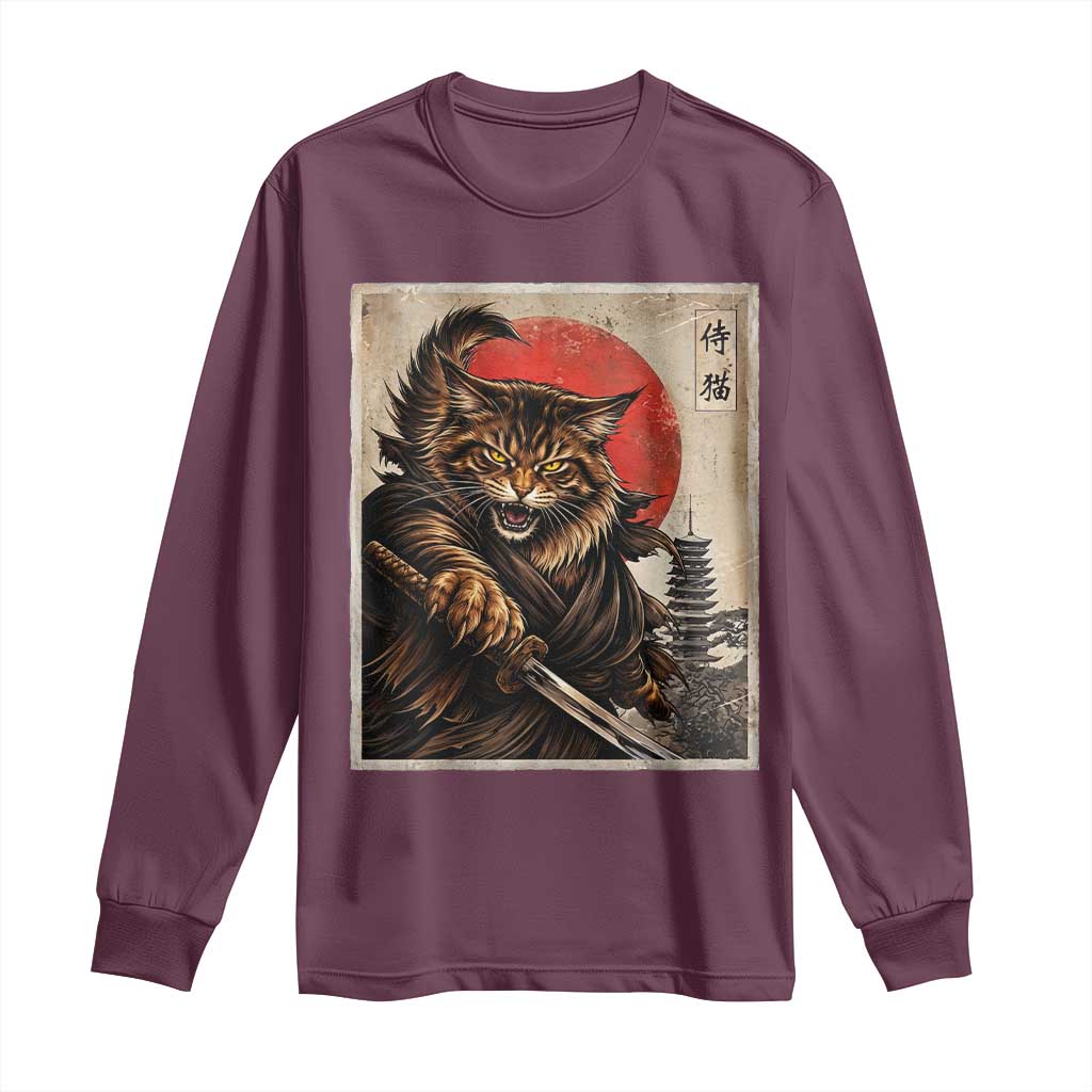 Japanese Maine Coon Samurai Warrior Long Sleeve Shirt Vintage Ukiyoe Cat
