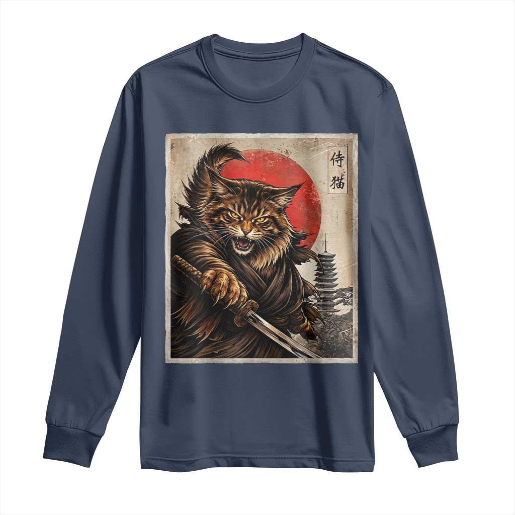 Japanese Maine Coon Samurai Warrior Long Sleeve Shirt Vintage Ukiyoe Cat