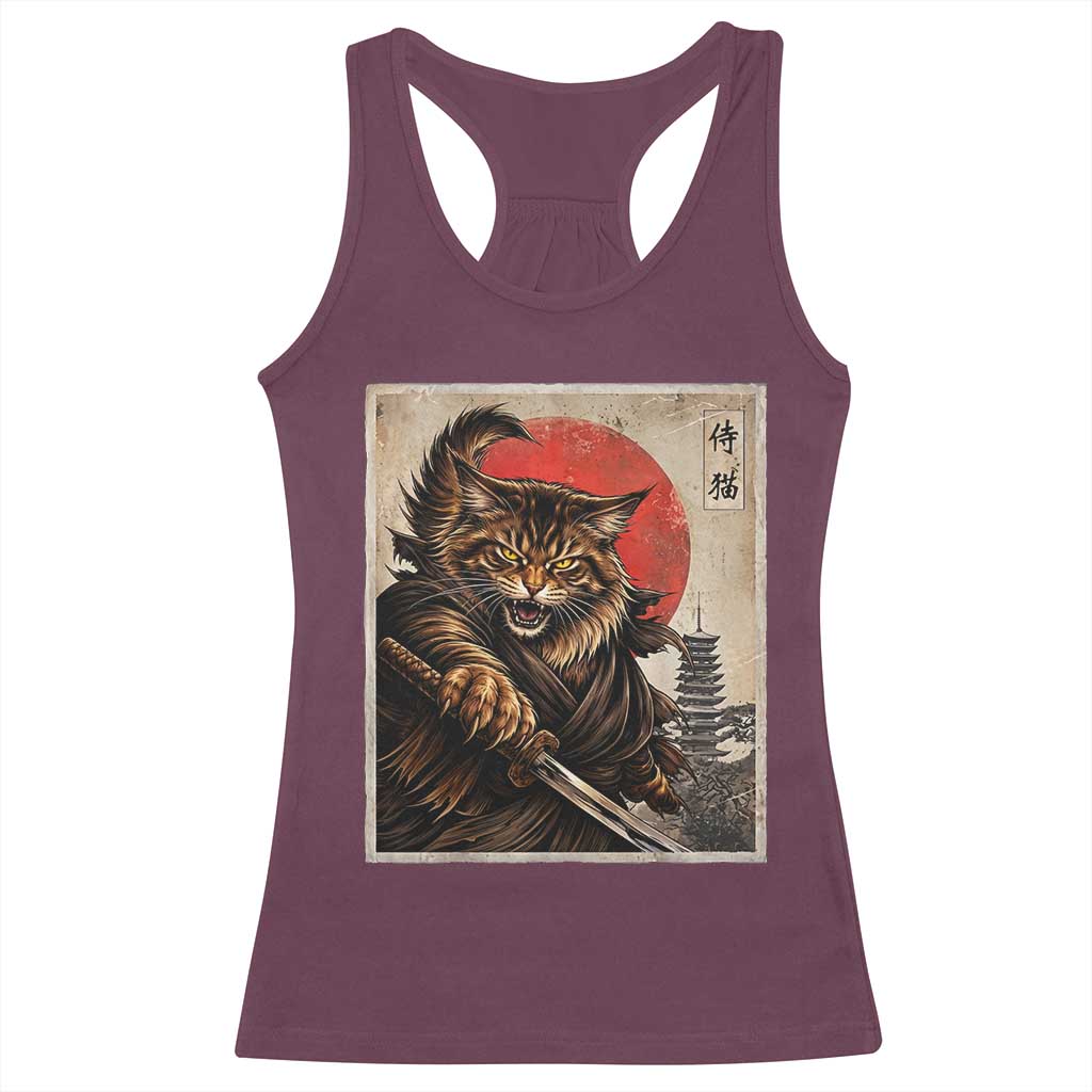 Japanese Maine Coon Samurai Warrior Racerback Tank Top Vintage Ukiyoe Cat
