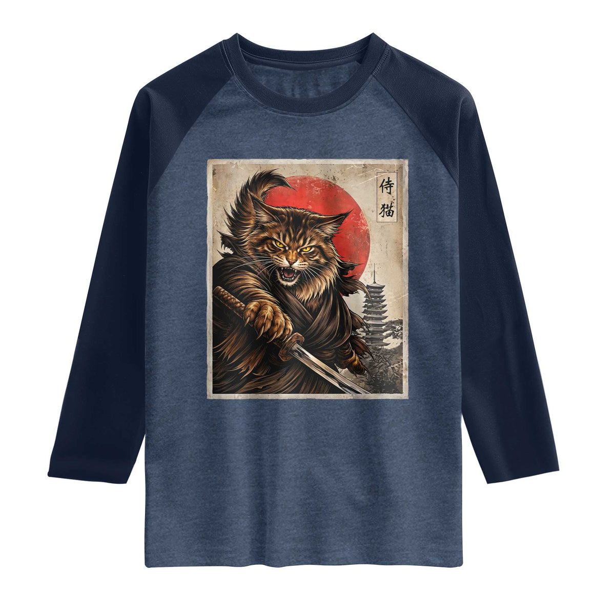 Japanese Maine Coon Samurai Warrior Raglan Shirt Vintage Ukiyoe Cat