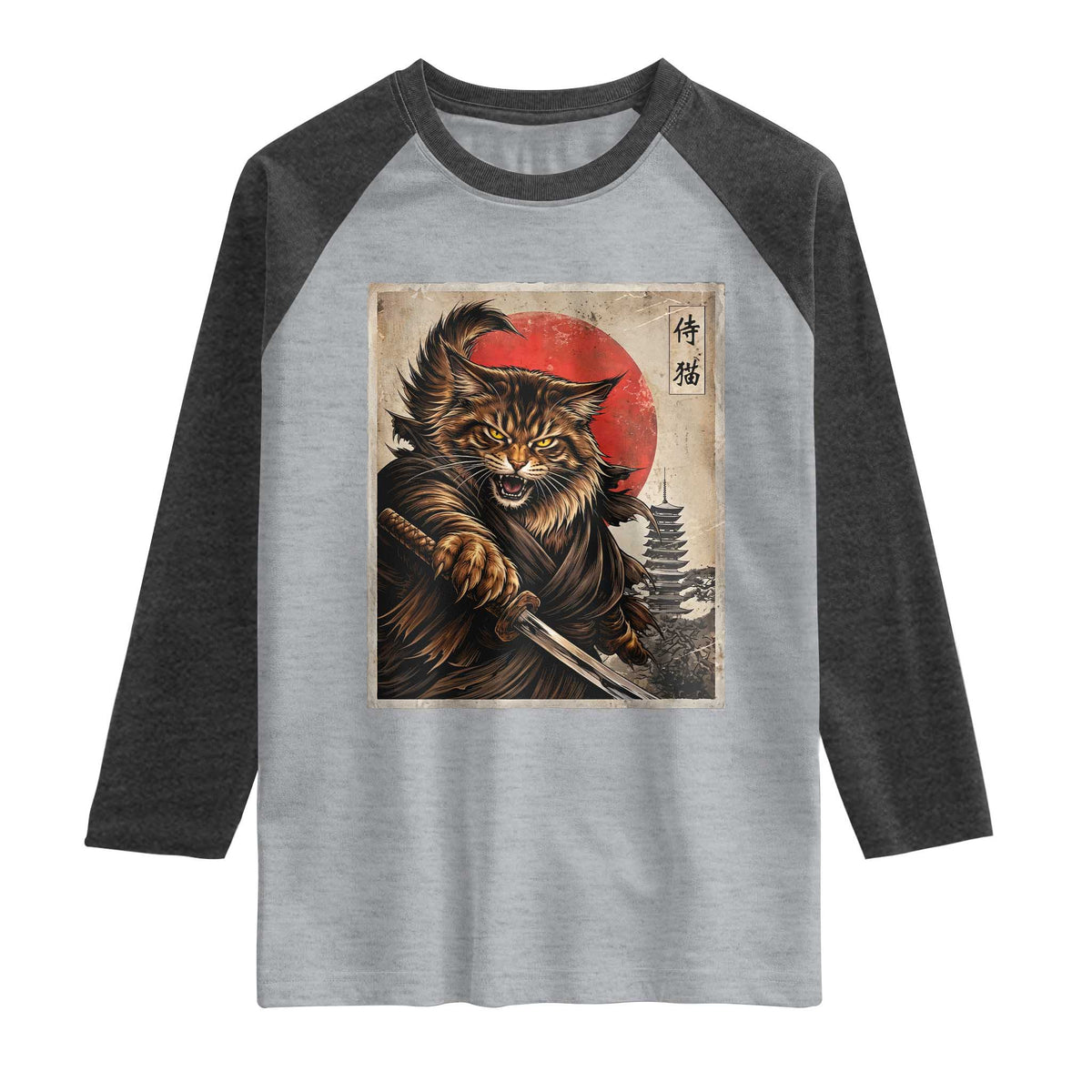 Japanese Maine Coon Samurai Warrior Raglan Shirt Vintage Ukiyoe Cat