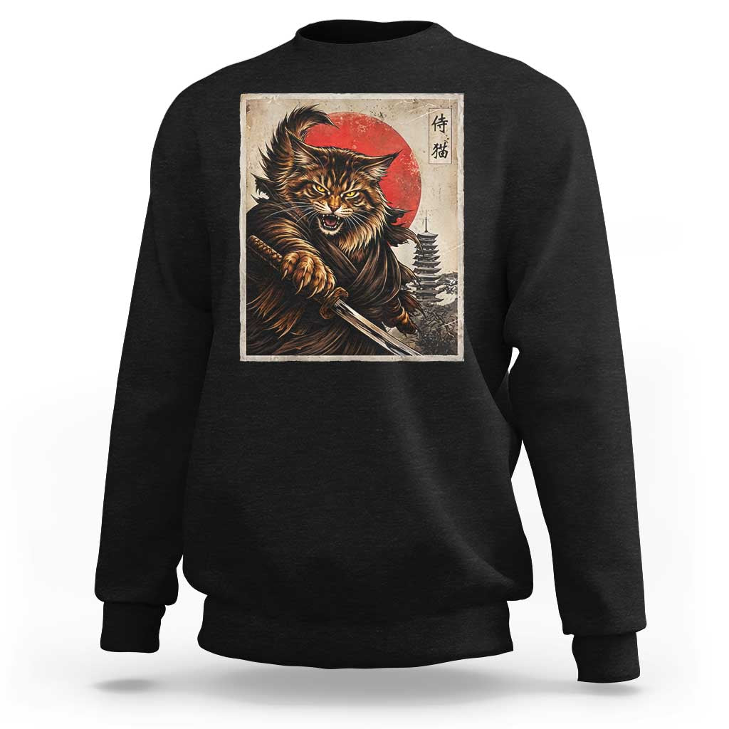 Japanese Maine Coon Samurai Warrior Sweatshirt Vintage Ukiyoe Cat
