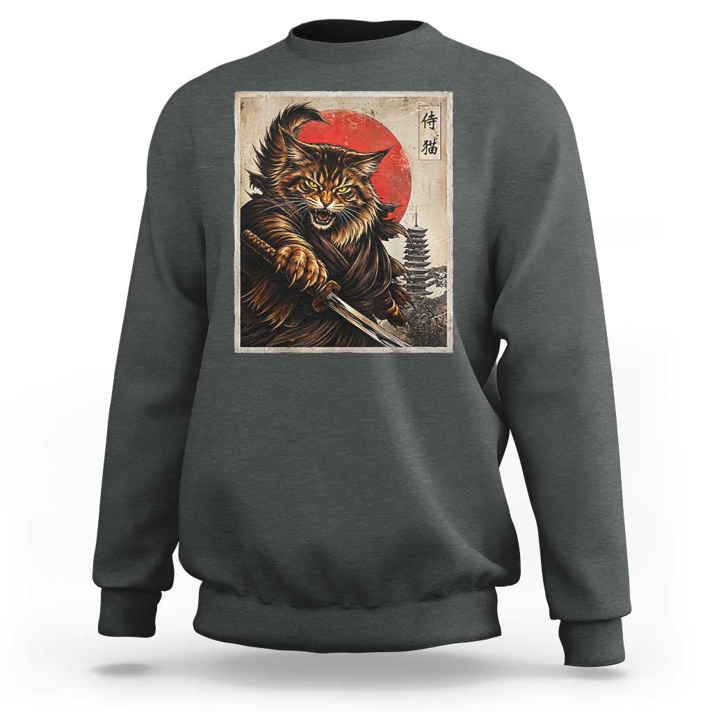 Japanese Maine Coon Samurai Warrior Sweatshirt Vintage Ukiyoe Cat