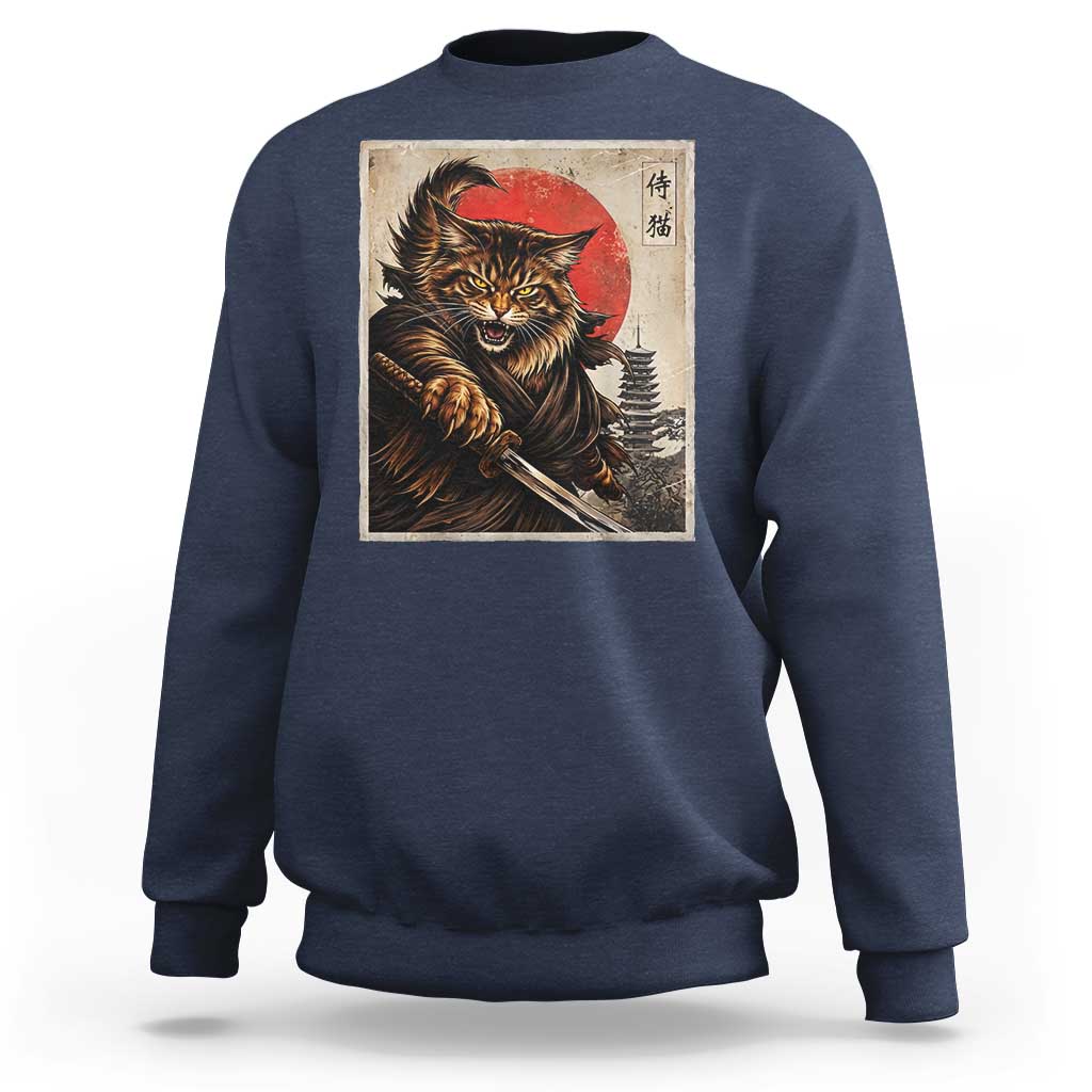 Japanese Maine Coon Samurai Warrior Sweatshirt Vintage Ukiyoe Cat