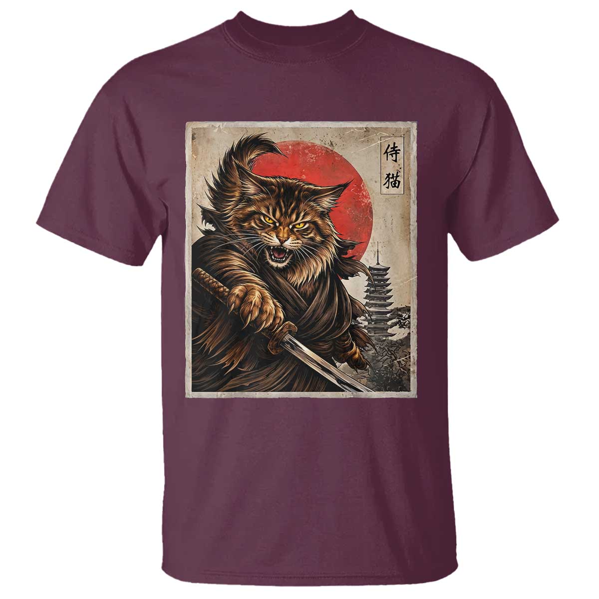 Japanese Maine Coon Samurai Warrior T Shirt Vintage Ukiyoe Cat