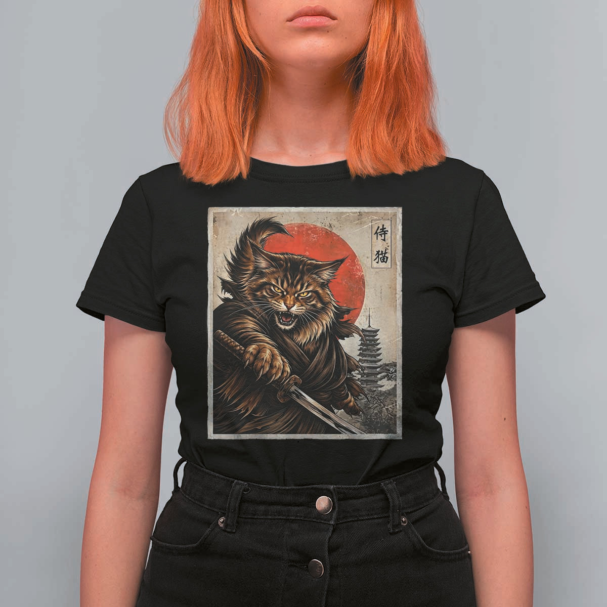 Japanese Maine Coon Samurai Warrior T Shirt For Women Vintage Ukiyoe Cat