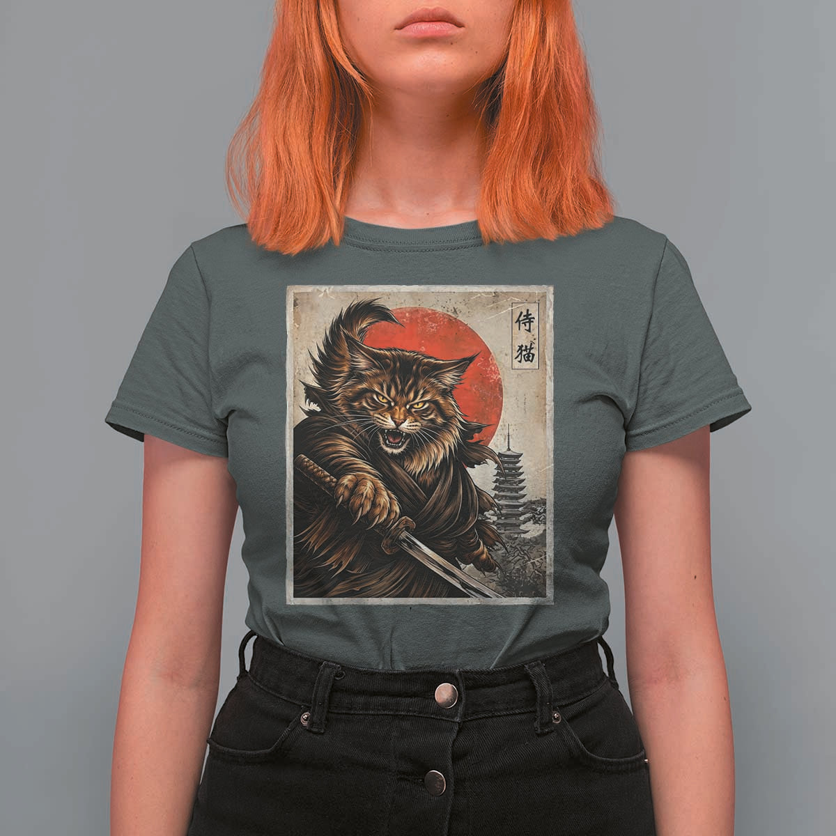 Japanese Maine Coon Samurai Warrior T Shirt For Women Vintage Ukiyoe Cat