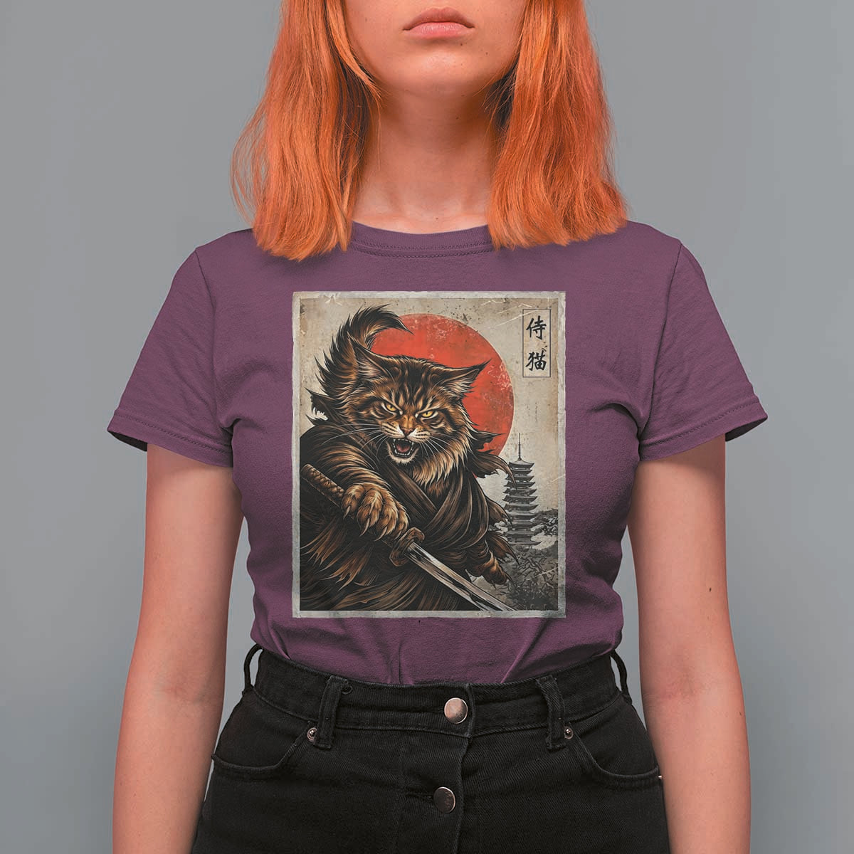 Japanese Maine Coon Samurai Warrior T Shirt For Women Vintage Ukiyoe Cat