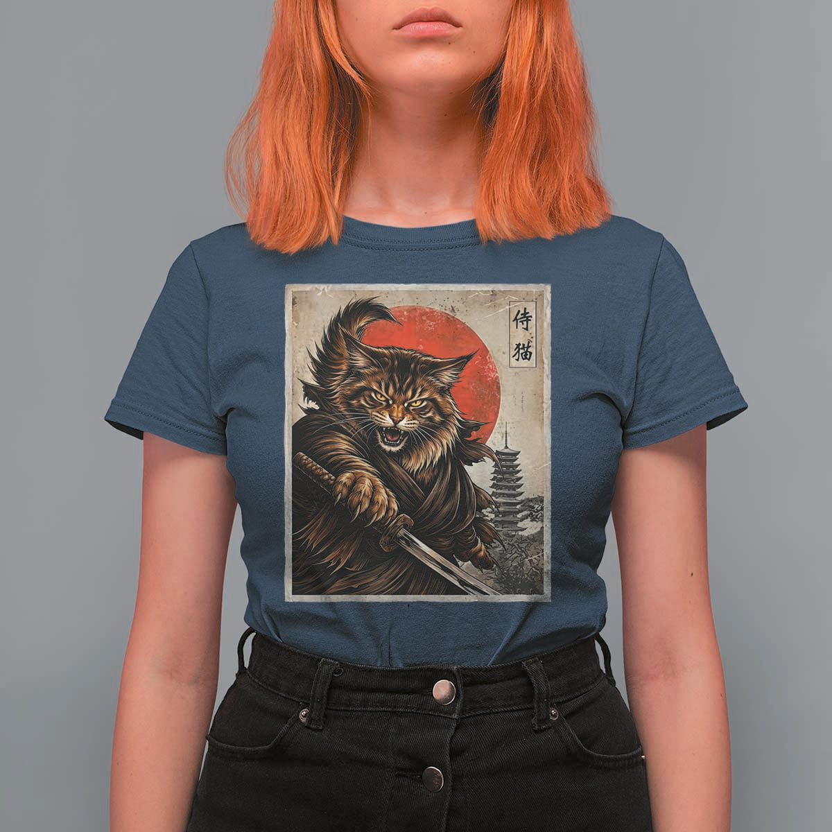 Japanese Maine Coon Samurai Warrior T Shirt For Women Vintage Ukiyoe Cat