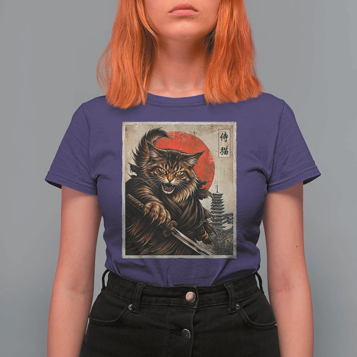 Japanese Maine Coon Samurai Warrior T Shirt For Women Vintage Ukiyoe Cat