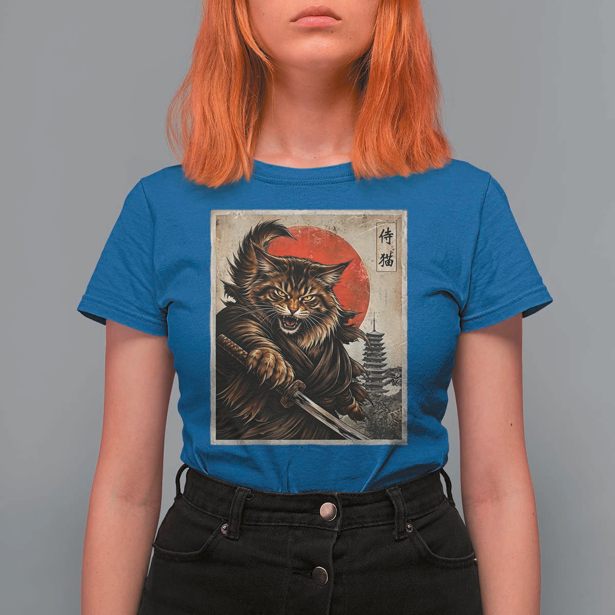 Japanese Maine Coon Samurai Warrior T Shirt For Women Vintage Ukiyoe Cat