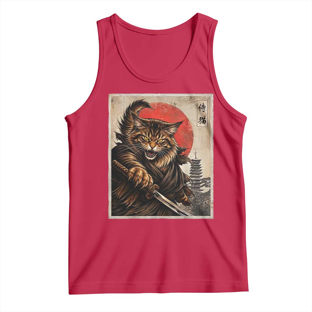 Japanese Maine Coon Samurai Warrior Tank Top Vintage Ukiyoe Cat