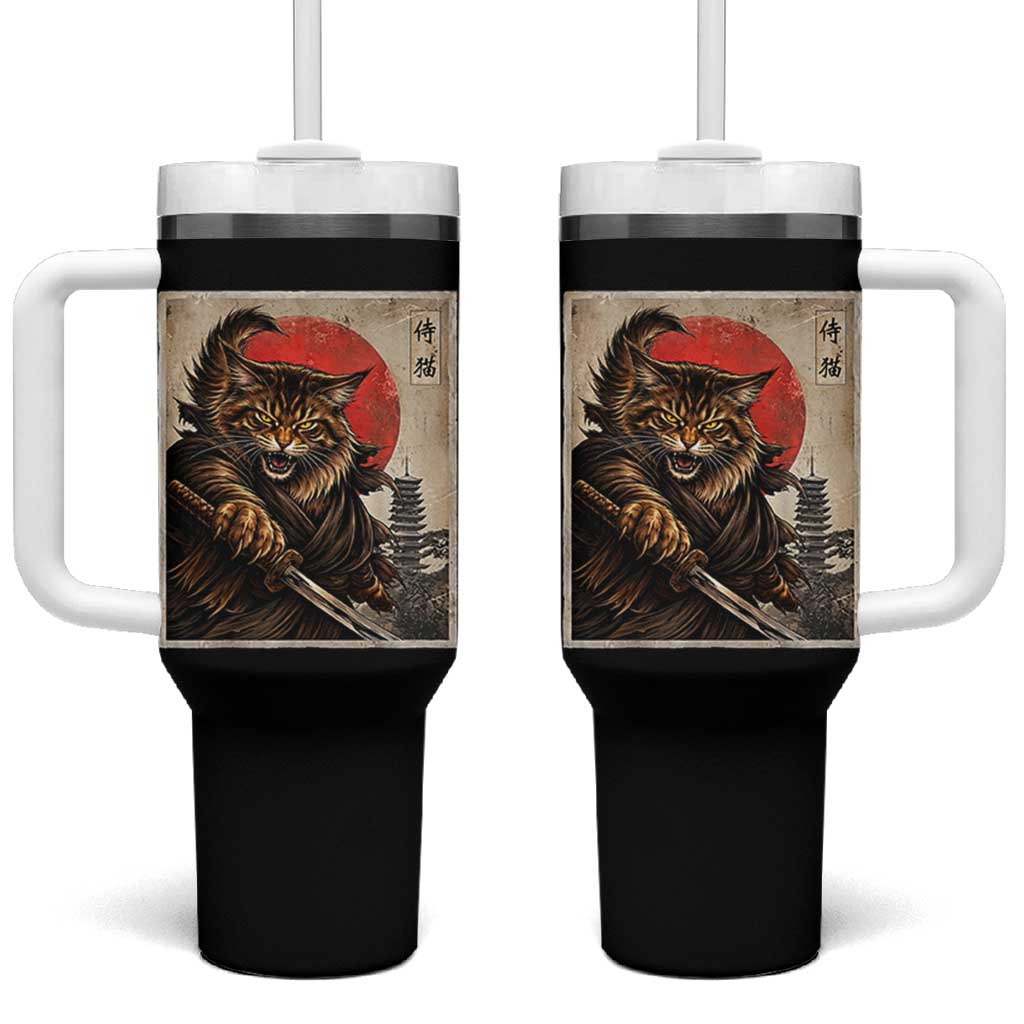 Japanese Maine Coon Samurai Warrior Tumbler With Handle Vintage Ukiyoe Cat