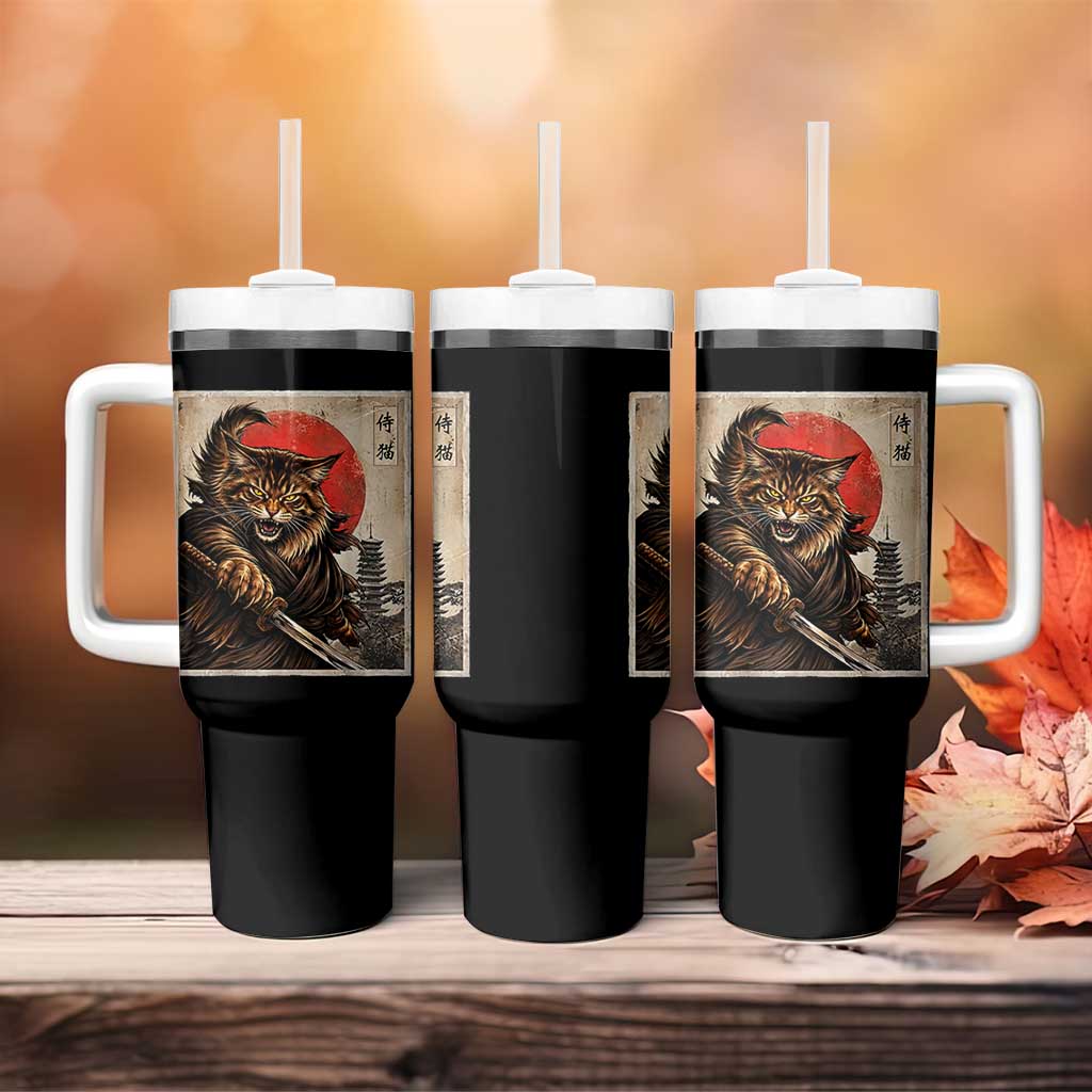 Japanese Maine Coon Samurai Warrior Tumbler With Handle Vintage Ukiyoe Cat