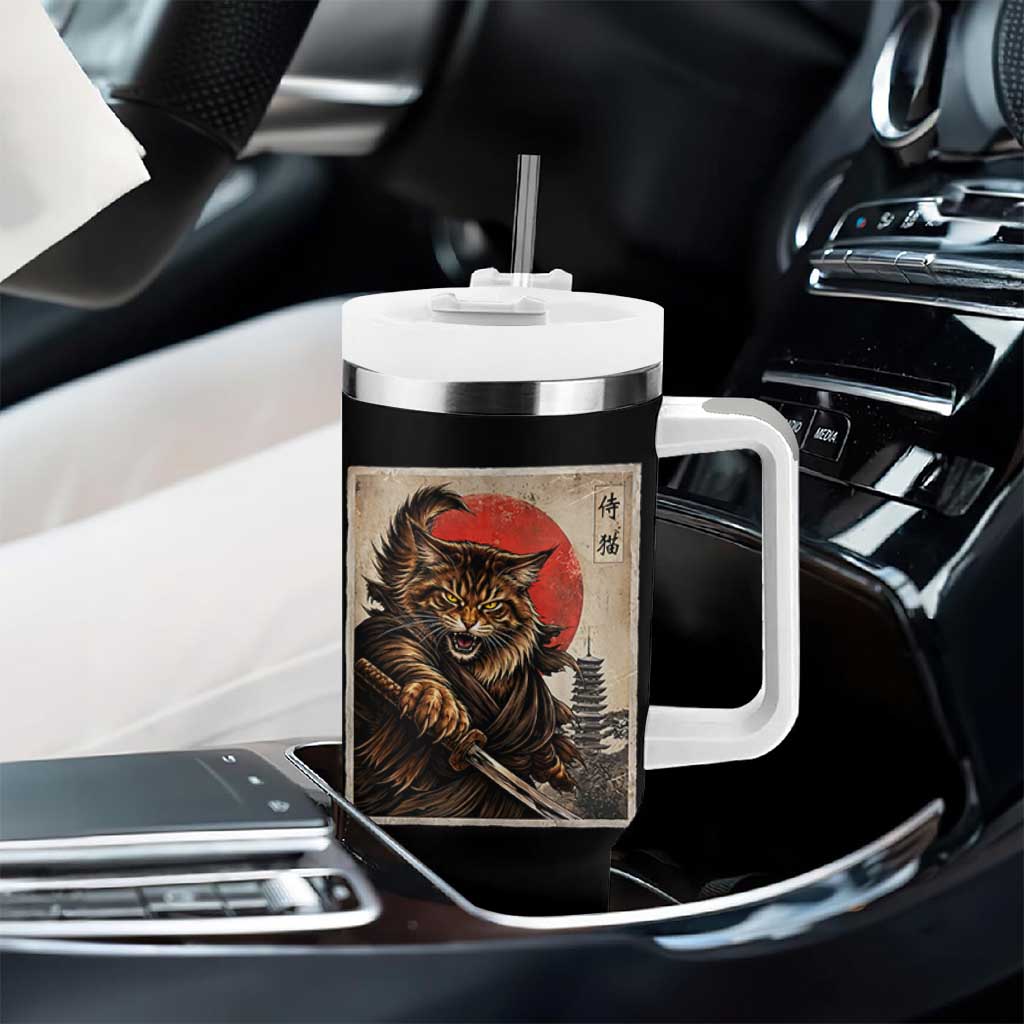 Japanese Maine Coon Samurai Warrior Tumbler With Handle Vintage Ukiyoe Cat