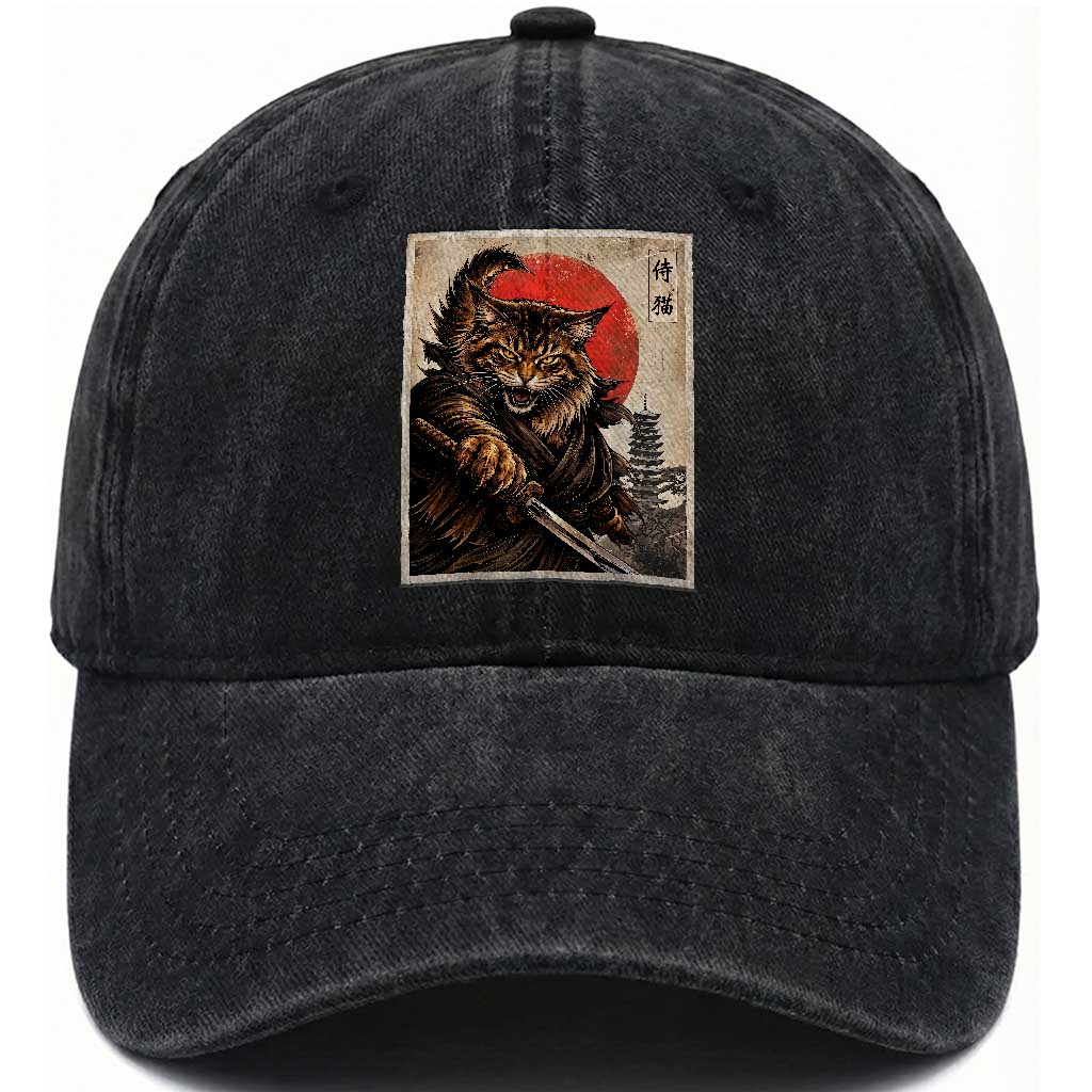 Japanese Maine Coon Samurai Warrior Washed Cotton Baseball Cap Vintage Ukiyoe Cat