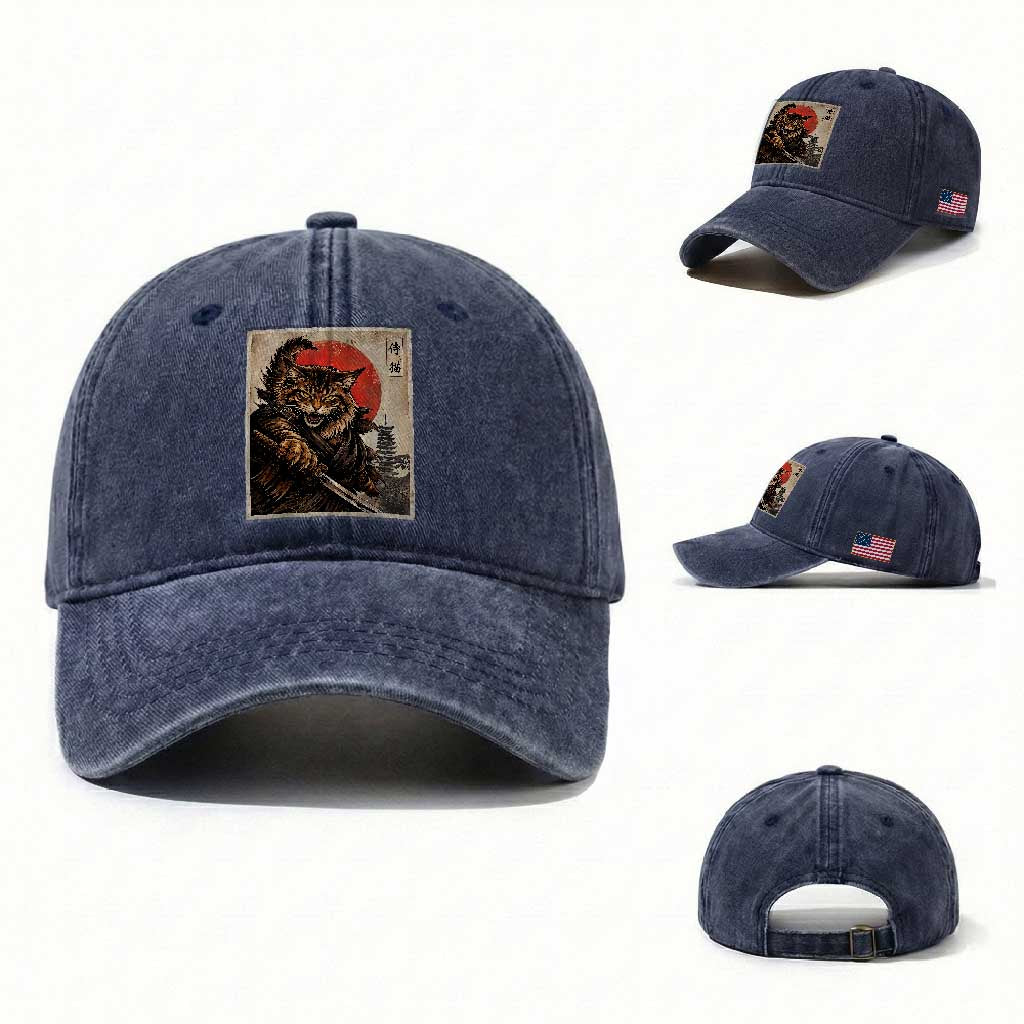 Japanese Maine Coon Samurai Warrior Washed Cotton Baseball Cap Vintage Ukiyoe Cat
