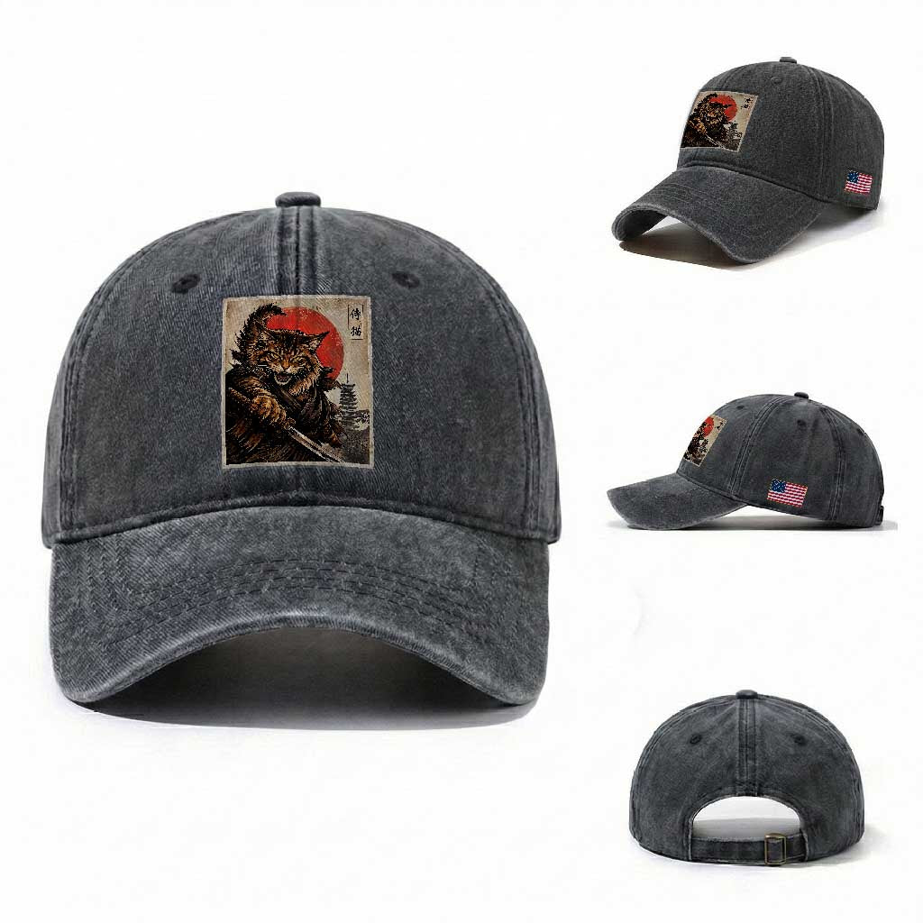 Japanese Maine Coon Samurai Warrior Washed Cotton Baseball Cap Vintage Ukiyoe Cat