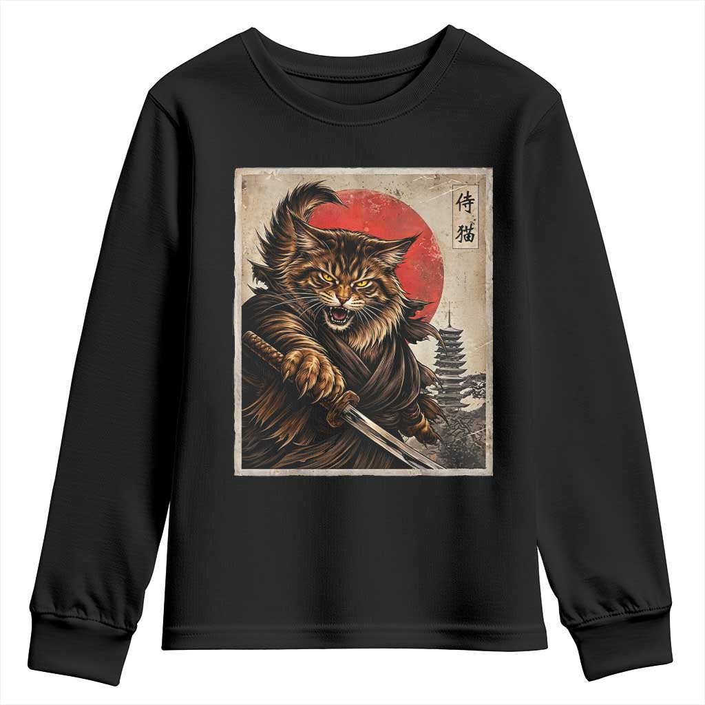 Japanese Maine Coon Samurai Warrior Youth Sweatshirt Vintage Ukiyoe Cat