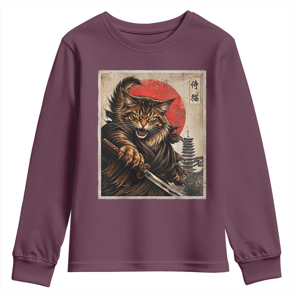 Japanese Maine Coon Samurai Warrior Youth Sweatshirt Vintage Ukiyoe Cat